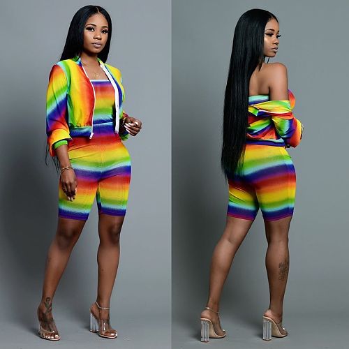 Women Rainbow Striped Strapless Romper + Coat HMS-5247