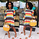 Rainbow Stripe Round Neck Long Sleeved Pocket T-shirt Dress MK-2053