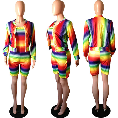 Women Rainbow Striped Strapless Romper + Coat HMS-5247