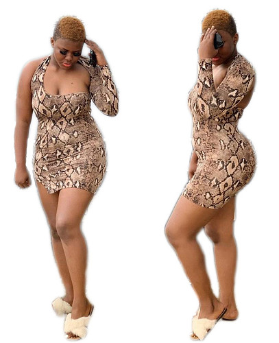 Sexy Snakeskin Print Single Sleeve Package Hip Mini Club Dress MK-2016