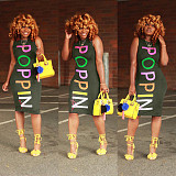 Women Letter Printed Sleeveless Bodycon Midi Dress OD-8182