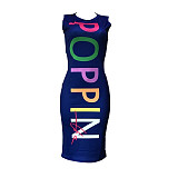 Women Letter Printed Sleeveless Bodycon Midi Dress OD-8182