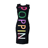 Women Letter Printed Sleeveless Bodycon Midi Dress OD-8182