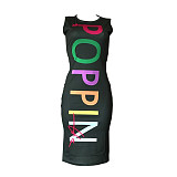 Women Letter Printed Sleeveless Bodycon Midi Dress OD-8182