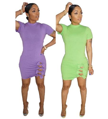 Pure Color Short Sleeve Slit Mini Bodycon Dress FNN-8361