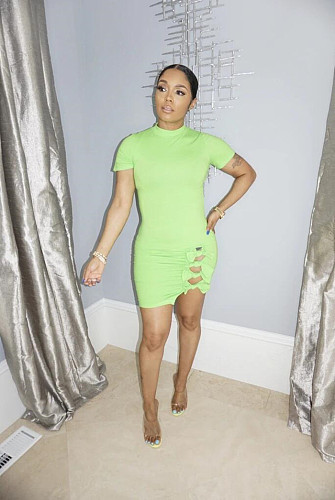 Pure Color Short Sleeve Slit Mini Bodycon Dress FNN-8361