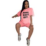 Leisure Letter Print Round Neck 2 Pieces Short Set ARM-8160