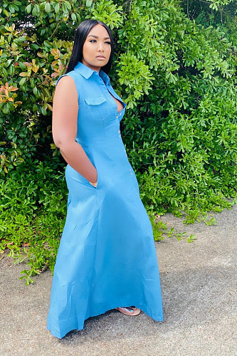 Casual Sleeveless Lapel Solid Shirt Maxi Dress SHA-6137