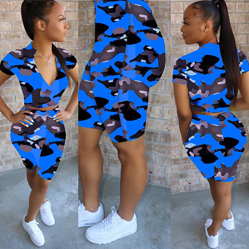Fashion Camouflage High Waist Zipper 2 Piece Short Set Womens HMS-5286