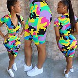 Fashion Camouflage High Waist Zipper 2 Piece Short Set Womens HMS-5286