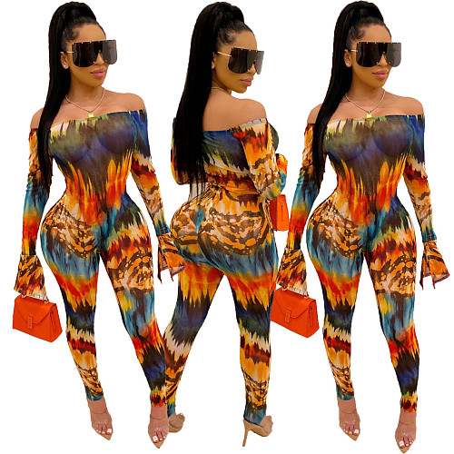 Women Printed Off Shoulder Long Sleeve Slim Jumpsuits SHA-6135