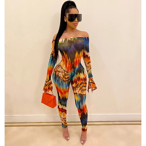 Women Printed Off Shoulder Long Sleeve Slim Jumpsuits SHA-6135