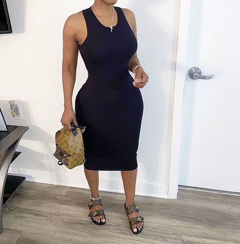 Sexy Cut Out Sleeveless Folds Black Bodycon Maxi Dress BGN-052