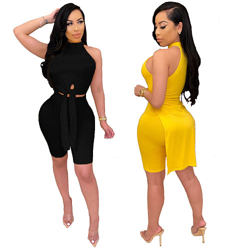 Sexy Sleeveless High Slits Tops With Bodycon Shorts 2 Pieces BN-9302