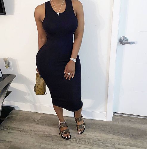Sexy Cut Out Sleeveless Folds Black Bodycon Maxi Dress BGN-052