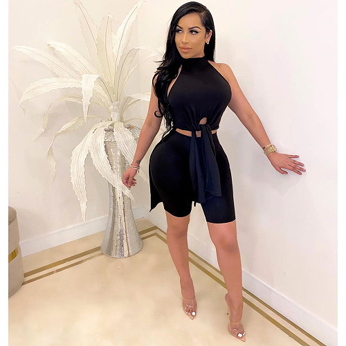 Sexy Sleeveless High Slits Tops With Bodycon Shorts 2 Pieces BN-9302