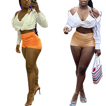 Sexy Solid Color Wrinkled Glossy Shorts For Women HMS-5297