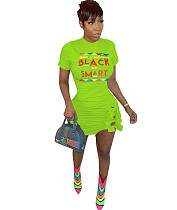 Sexy Letter Print Short Sleeve Round Neck Bowknot Mini Dress MX-10871