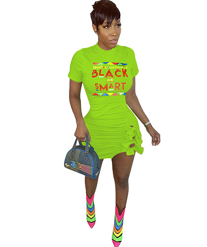 Sexy Letter Print Short Sleeve Round Neck Bowknot Mini Dress MX-10871