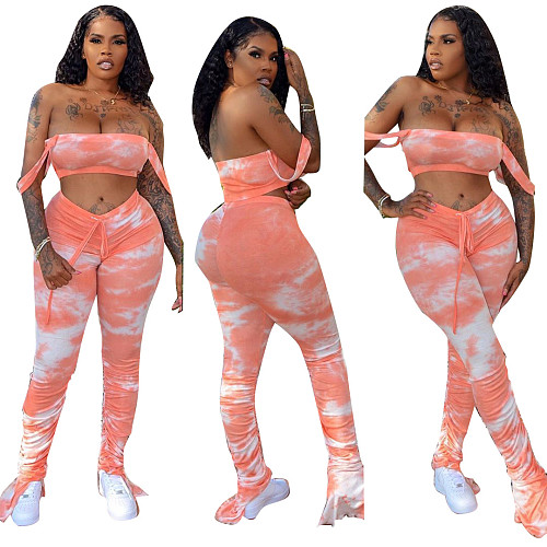 Sexy Strapless Crop Top With Long Stack Pants 2 Pieces Set HMS-5296
