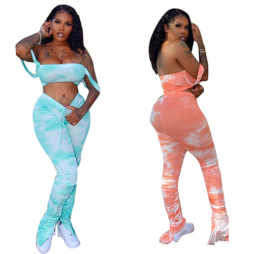 Sexy Strapless Crop Top With Long Stack Pants 2 Pieces Set HMS-5296