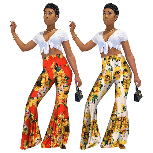 High Waist Floral Print Length Flared Pants YF-9615