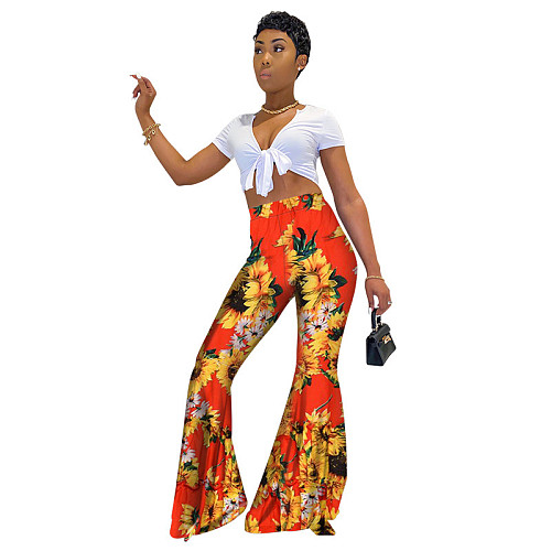High Waist Floral Print Length Flared Pants YF-9615