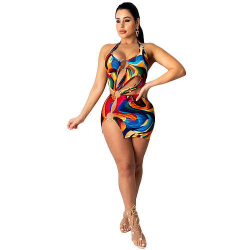 Sexy Hollow Out Colorful Print Mini Nightclub Dress CN-0001