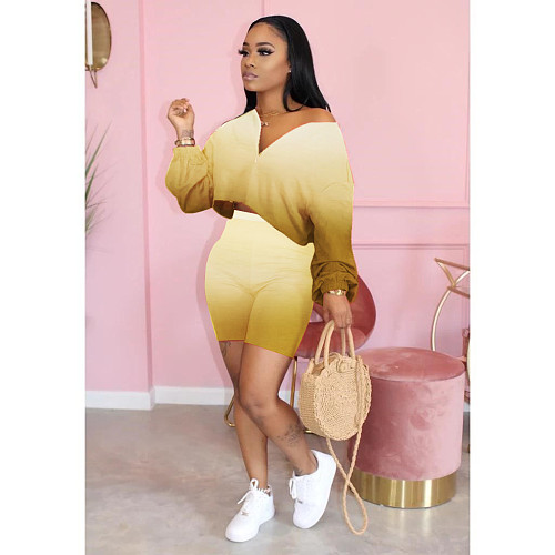 Gradient Color Long Sleeve Loose Two Pieces Short Set QY-5181