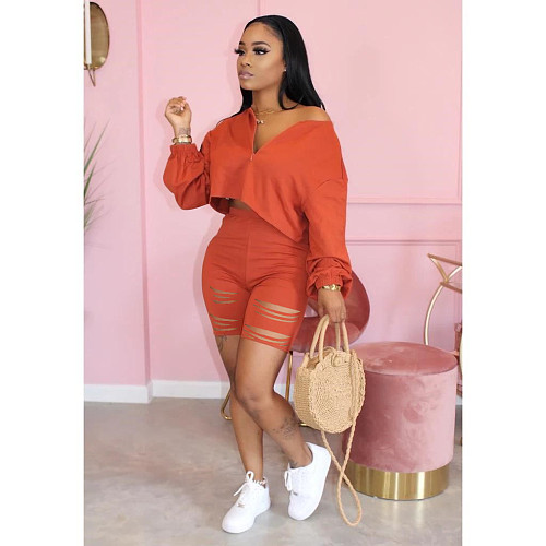 Solid Burn Flowers Long Sleeve Rippen Shorts Set QY-5180