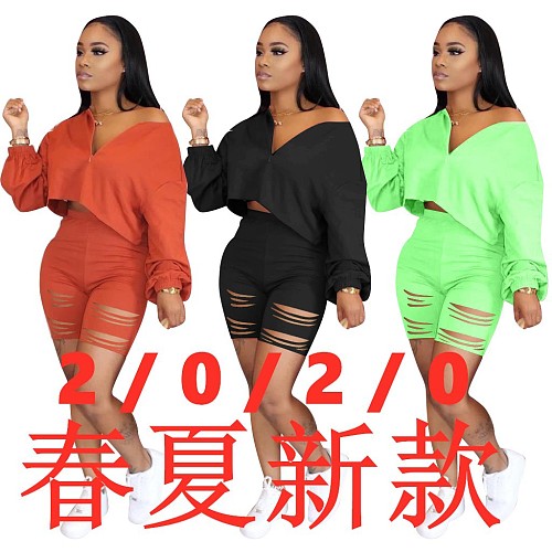 Solid Burn Flowers Long Sleeve Rippen Shorts Set QY-5180