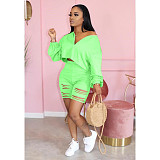 Solid Burn Flowers Long Sleeve Rippen Shorts Set QY-5180