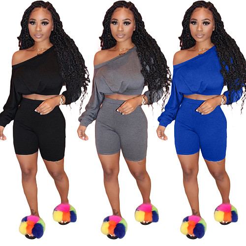 Sexy Solid Loose Long Sleeve Tops+Slim Shorts Set LP-6205