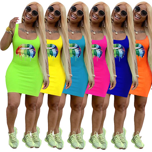 Summer Lip Printed Tight Vest Mini Dress NK-8441