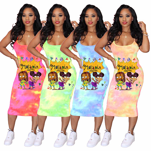 Women Tie-dye Cute Cartoon Sling Midi Dress BNY-7063