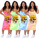 Women Tie-dye Cute Cartoon Sling Midi Dress BNY-7063