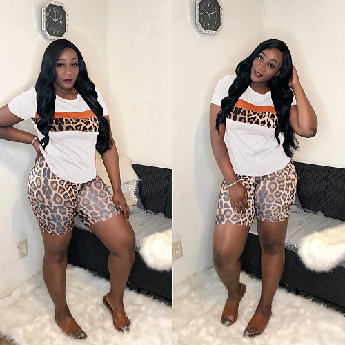 Women Leopard Printed Splicing Two Pieces Short Suits LP-6193