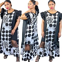 Wave Point Printed Lotus Leaf Sleeve Loose Maxi Dress LS-0302