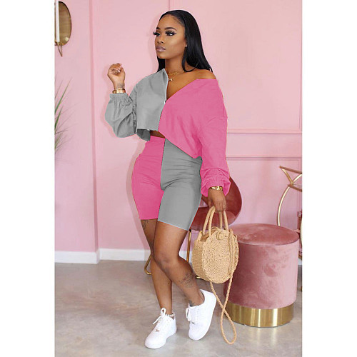 Sexy Off Shoulder Loose Splice Color Zipper Set FNN-8377