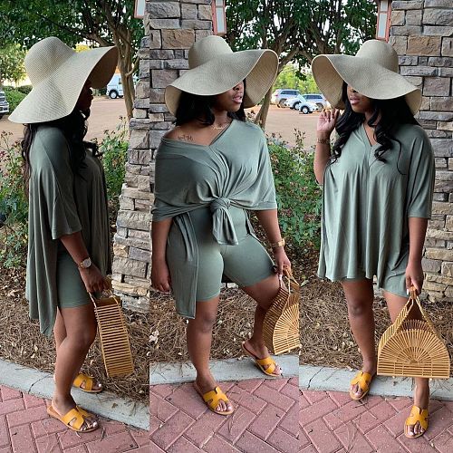 Short Sleeve Solid Irregular Loose Leisure Two Piece Set HZM-6004