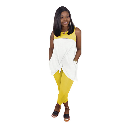 Splice Color No Printed Sleeveless Vest Long Pants Two-Piece Outfit SHD-9226