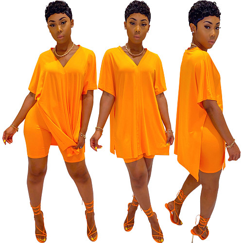 Casual Solid V Neck Bat Sleeve Split Shirt  Two-Piece Set WY-6678