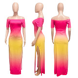 One Word Shoulder Gradient Contrast Color Split Maxi Dress NIK-117
