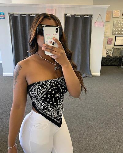 Sexy Print Breast Waist Revealing Matte Bandana Top FNN-8383