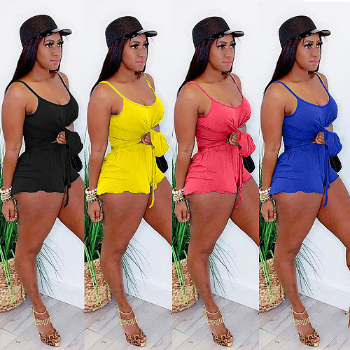 Solid Sexy Halter Top Lace-Up Shorts Two-Piece Set ASL-6261