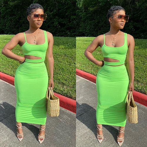 Sexy Solid Color Condole Belt Hollow Out Two-Piece Dress BGN-060