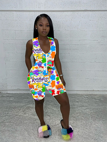 Sports Zipper Sleeveless Cartoon Print Rompers WY-6671