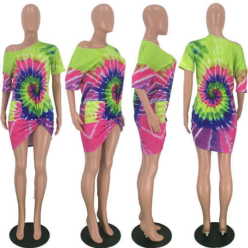 Tie-dyed Off Shoulder Loose Mini Dress with Pocket LDS-3163