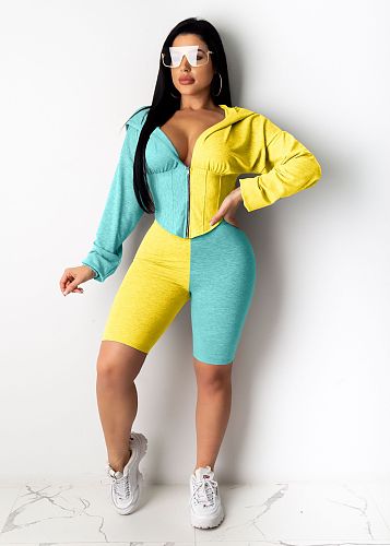 Zipper Top Tight Waist Long Sleeves Color Matching Two-Piece Set CL-6054