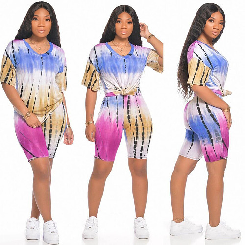 Casual Tie-Dye Colorful Five-Minute Sleeves Two-Piece Set NK-8555